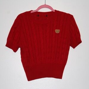 Red Cable Knit Sweater with Bear Patch